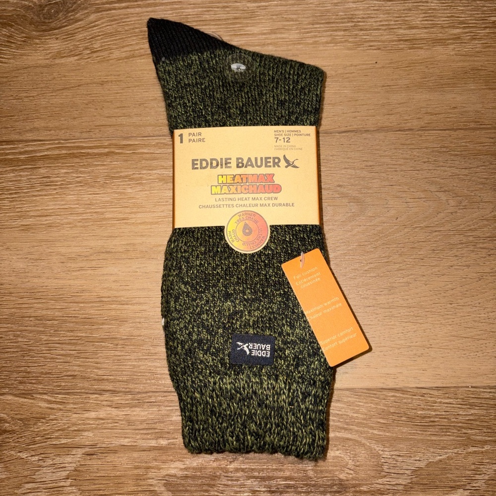Eddie Bauer 1 Pair of Heat Max Crew Socks Fits Shoe Sz 7-12 Green New